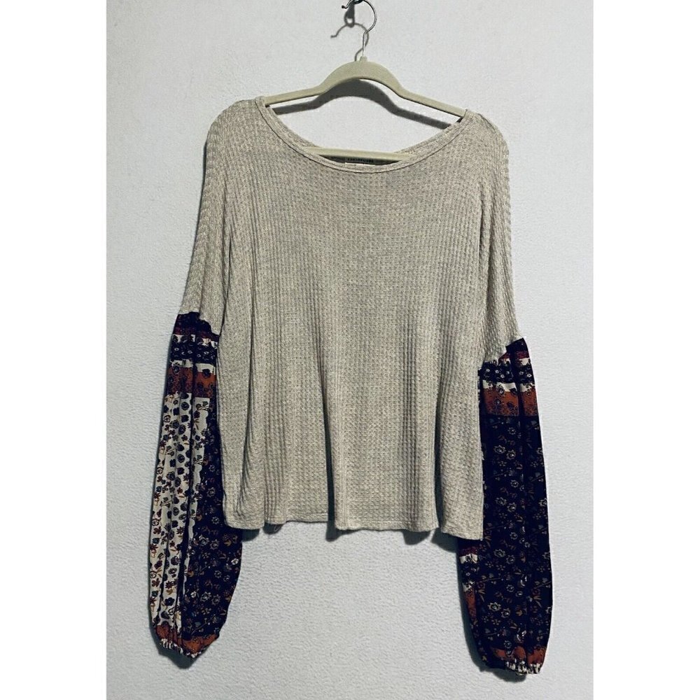 Earthbound Top Womens Medium Floral Bell Sleeve Waffle Knit Peasant Boho